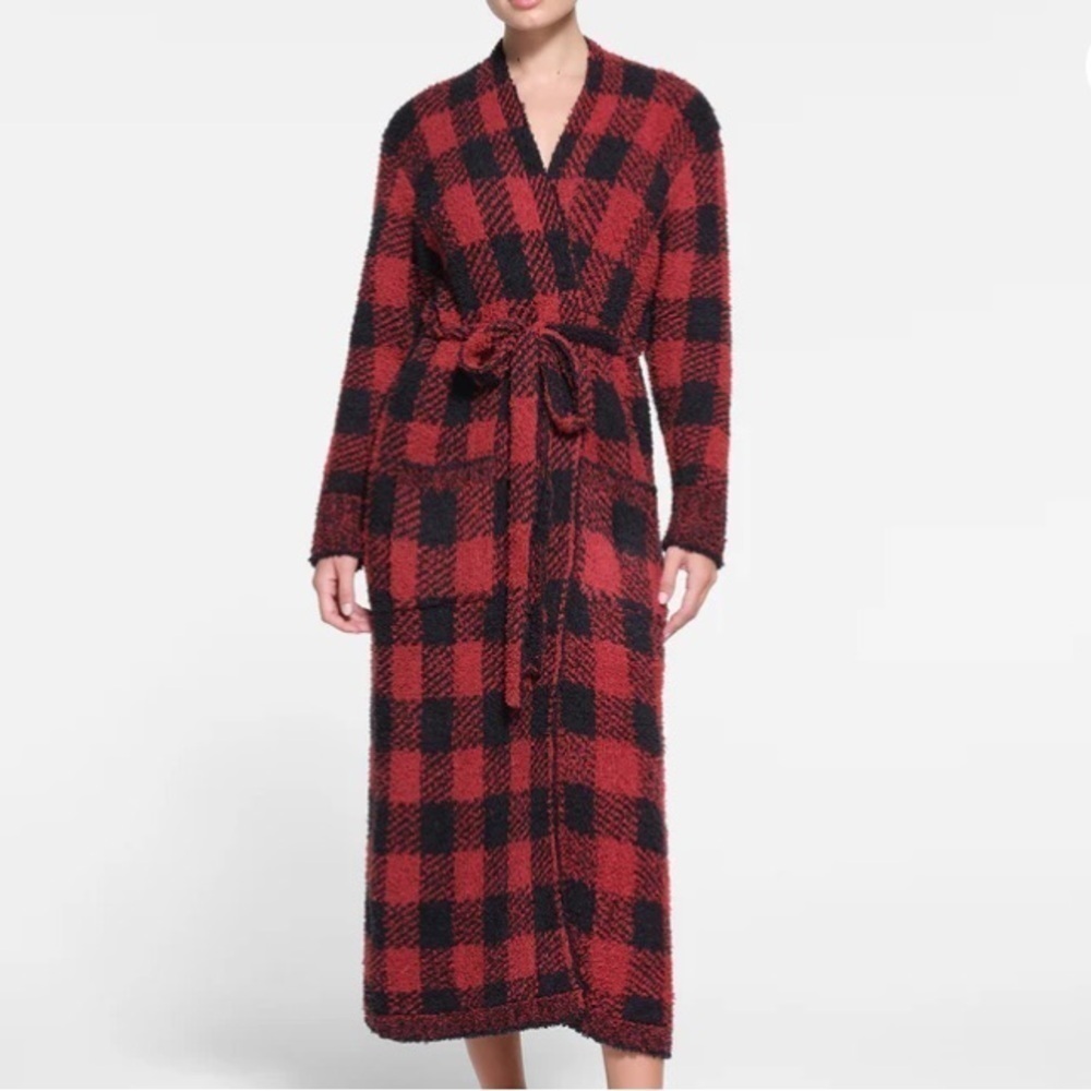 SKIMS Unisex Robe S/M‎ Red Black Brick Buffalo Check Loungewear Cozy Christmas